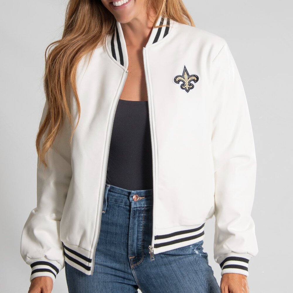 NFL New Orleans Saints White Vegan Leather Jacket